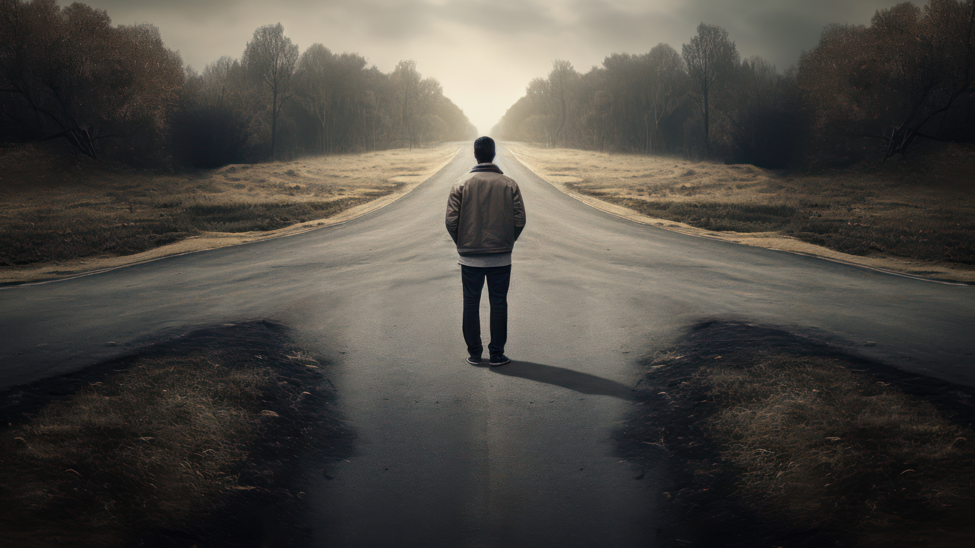A man standing at a fork in the road