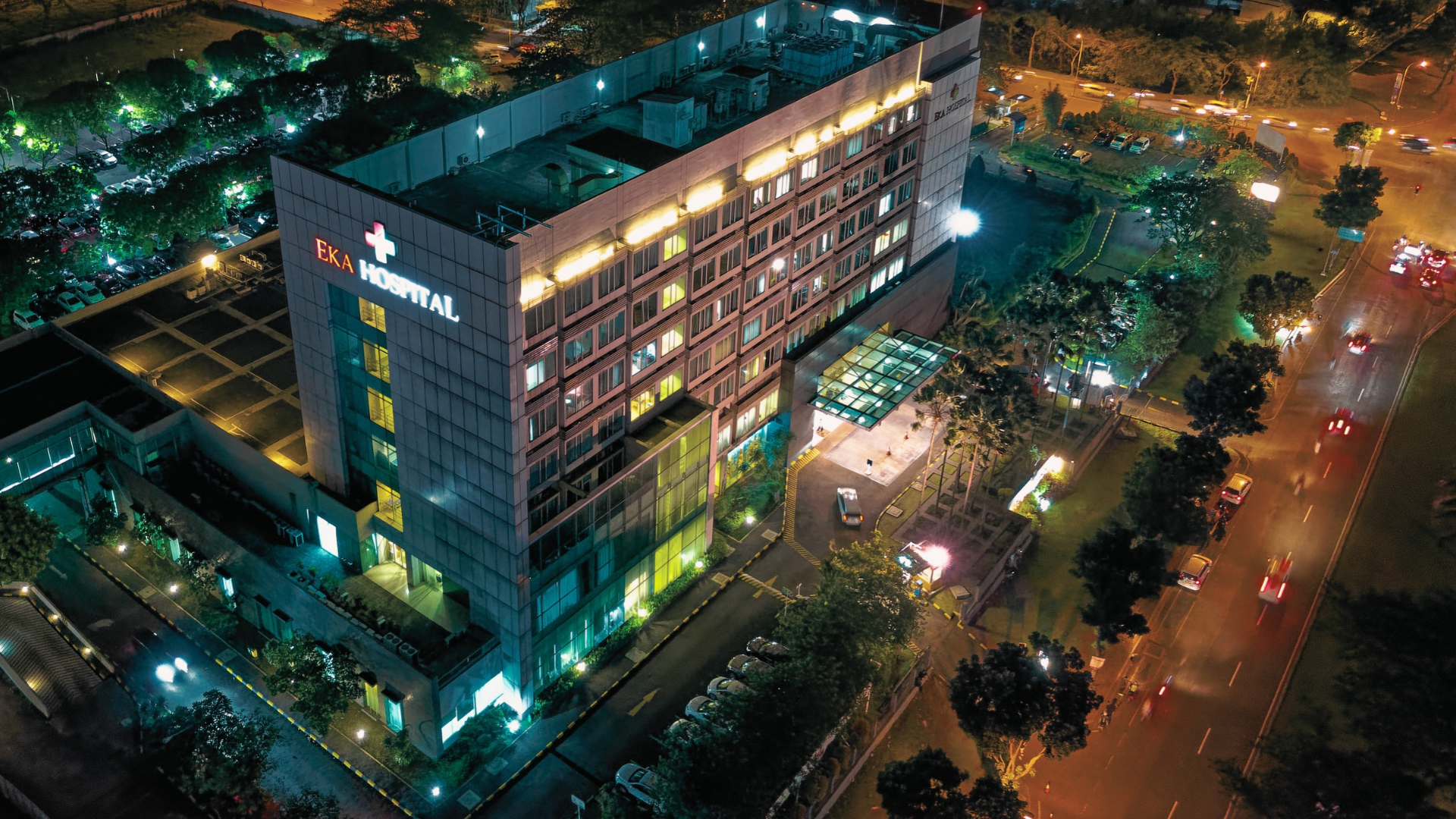 An aerial view of a hospital at night